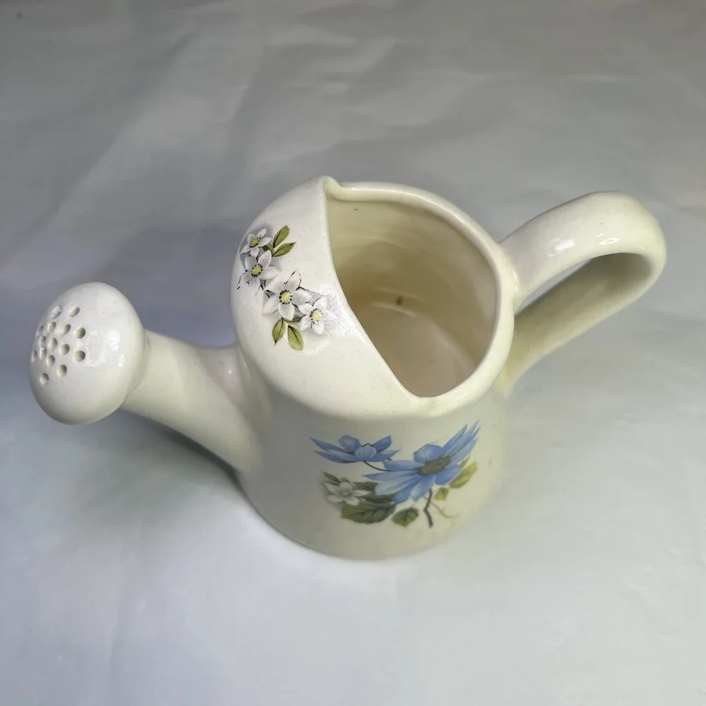 Vintage‎ White Ceramic Watering Can Planter w/ Blue Flower H4.5